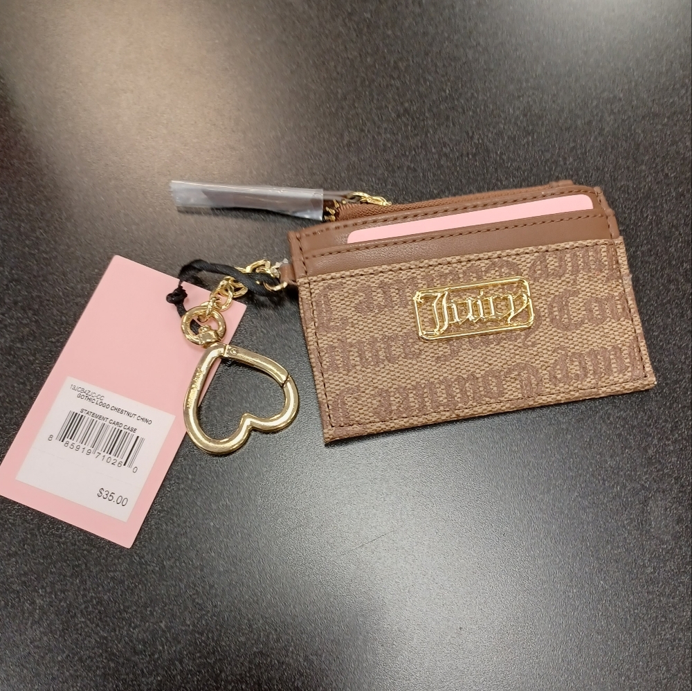 Juicy Couture Logo Brown Cardholder - Mini Wallet on Heart Clamp Keychain
